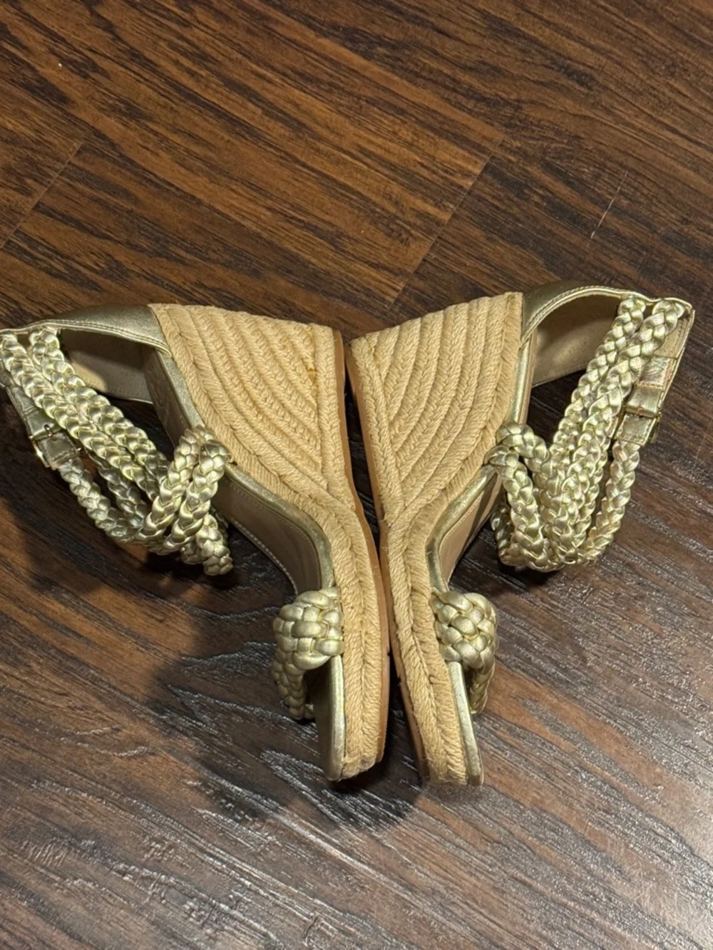Tory Burch Metallic Gold Braided Espadrille Wedge Sandals, Sz 8.5, Like New